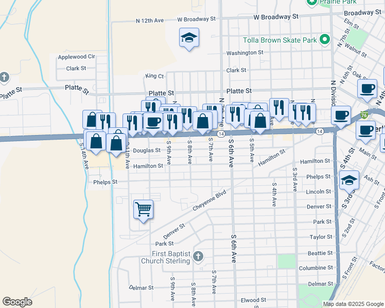 map of restaurants, bars, coffee shops, grocery stores, and more near 802 Douglas Street in Sterling