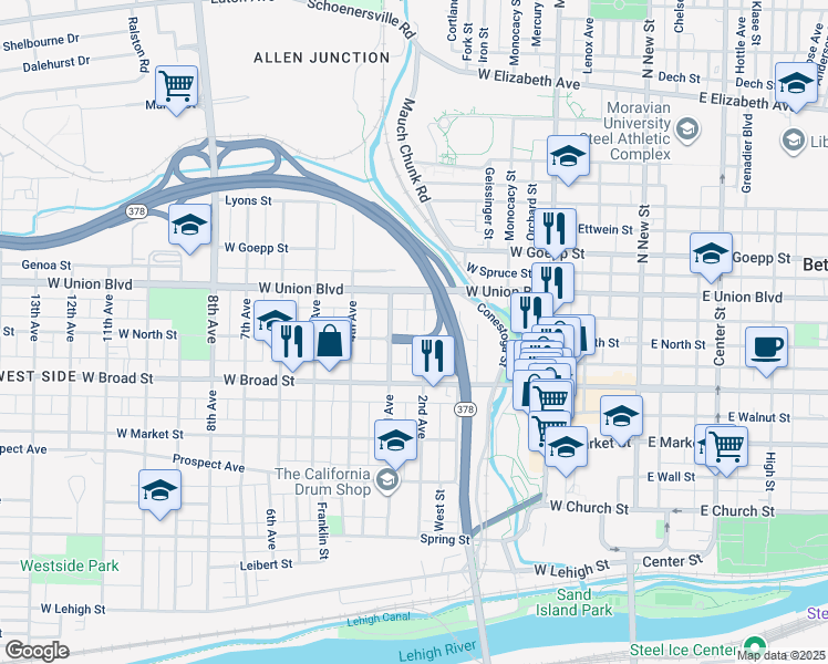 map of restaurants, bars, coffee shops, grocery stores, and more near 703 2nd Avenue in Bethlehem