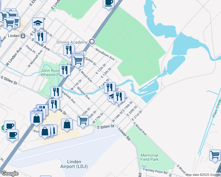 map of restaurants, bars, coffee shops, grocery stores, and more near 1404 Clinton Street in Linden
