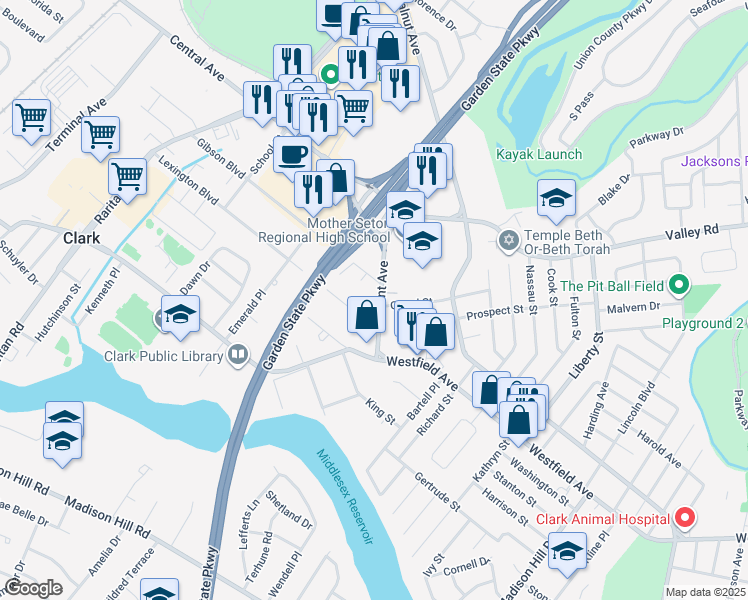 map of restaurants, bars, coffee shops, grocery stores, and more near 48 Brant Avenue in Clark