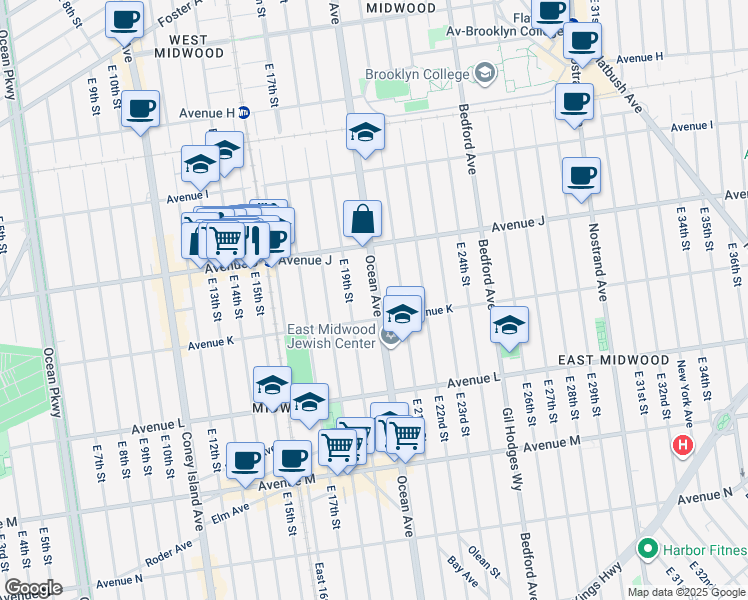 map of restaurants, bars, coffee shops, grocery stores, and more near 1562 Ocean Avenue in Brooklyn