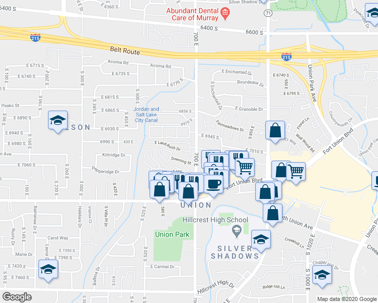 map of restaurants, bars, coffee shops, grocery stores, and more near 673 East Land Rush Drive in Midvale