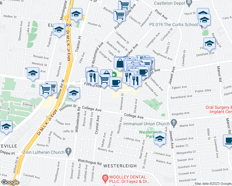map of restaurants, bars, coffee shops, grocery stores, and more near 1520 Forest Avenue in Staten Island