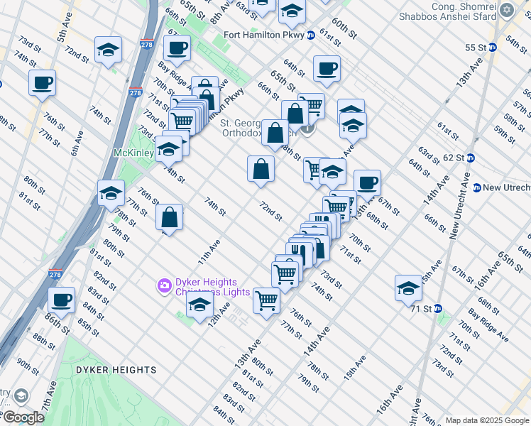 map of restaurants, bars, coffee shops, grocery stores, and more near 7201 11th Avenue in Brooklyn