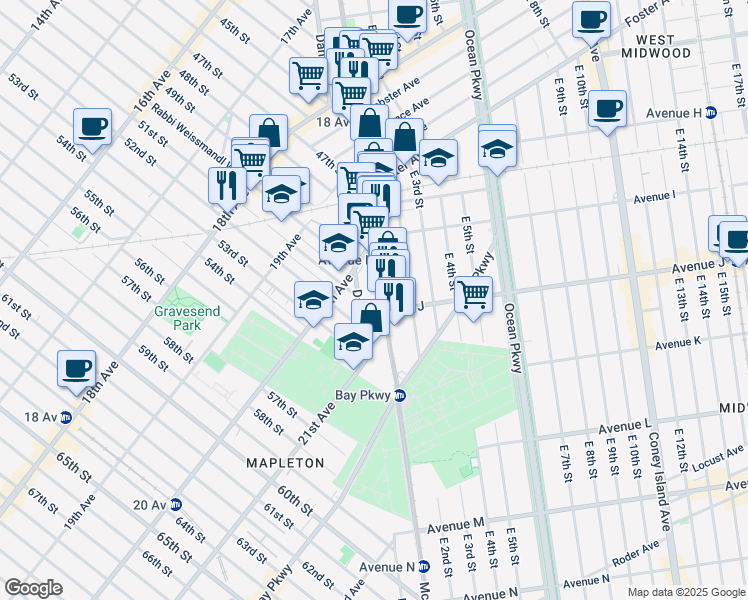 map of restaurants, bars, coffee shops, grocery stores, and more near 1189 McDonald Avenue in Brooklyn