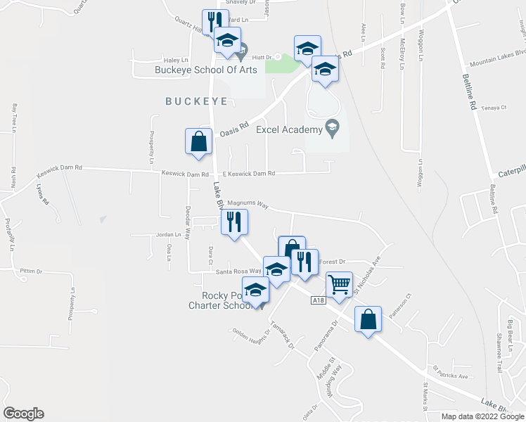 map of restaurants, bars, coffee shops, grocery stores, and more near 3489 Magnums Way in Redding