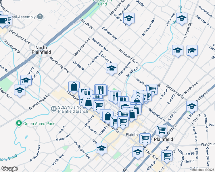 map of restaurants, bars, coffee shops, grocery stores, and more near 107-11 Westervelt Avenue in North Plainfield