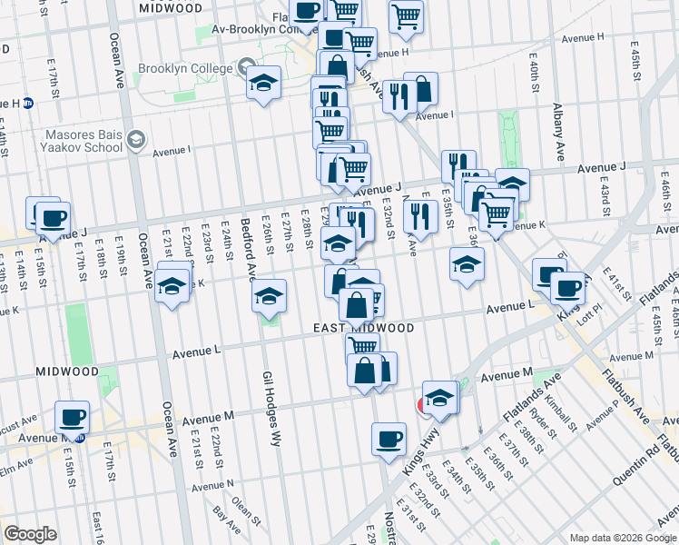 map of restaurants, bars, coffee shops, grocery stores, and more near 2500 Nostrand Avenue in Brooklyn