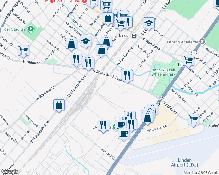 map of restaurants, bars, coffee shops, grocery stores, and more near 525 West Linden Avenue in Linden