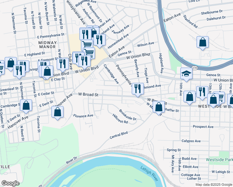 map of restaurants, bars, coffee shops, grocery stores, and more near 703 Cambridge Avenue in Bethlehem