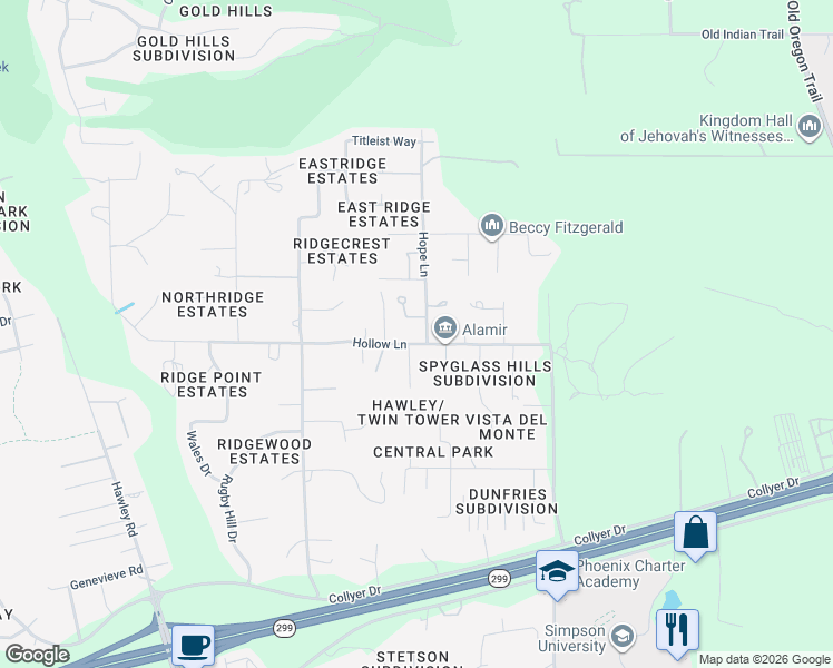 map of restaurants, bars, coffee shops, grocery stores, and more near 1102 Hope Lane in Redding