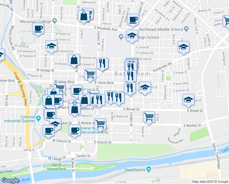 map of restaurants, bars, coffee shops, grocery stores, and more near 714 High Street in Bethlehem