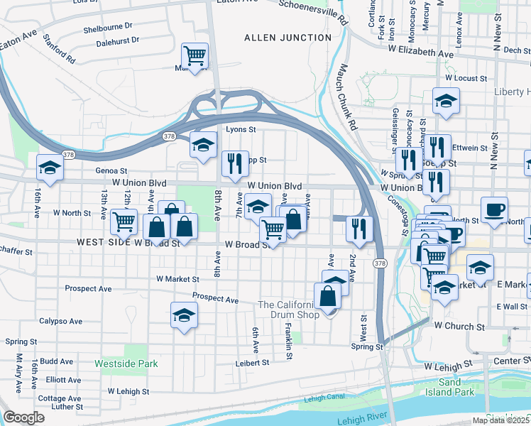 map of restaurants, bars, coffee shops, grocery stores, and more near 704 6th Avenue in Bethlehem