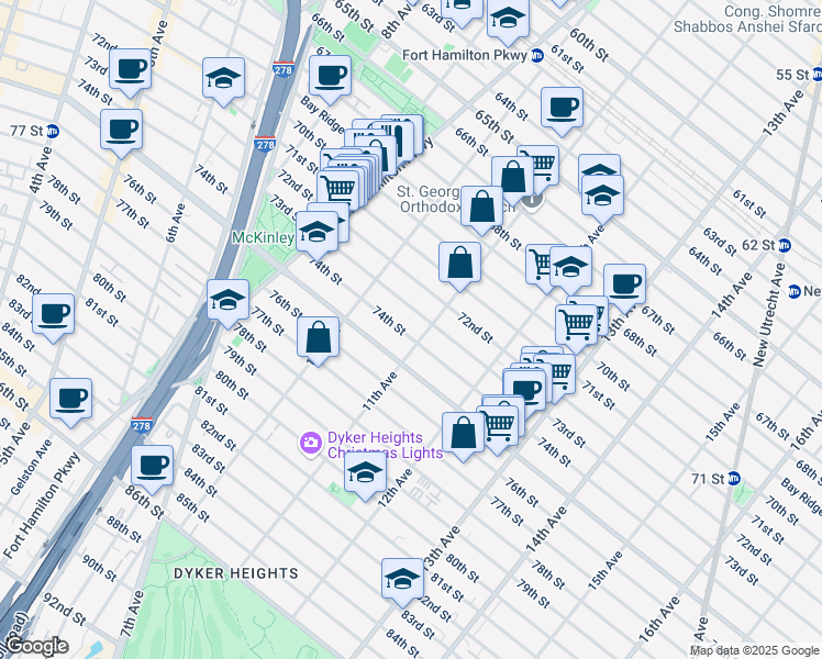 map of restaurants, bars, coffee shops, grocery stores, and more near 1056 73rd Street in Brooklyn
