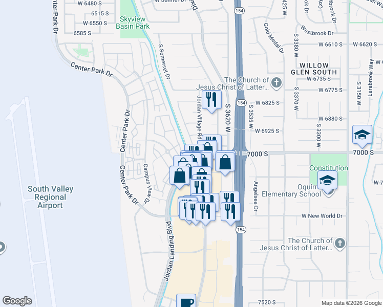 map of restaurants, bars, coffee shops, grocery stores, and more near 6956 Jordan Close Circle in West Jordan