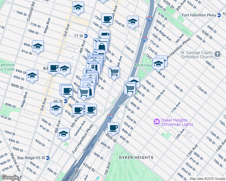 map of restaurants, bars, coffee shops, grocery stores, and more near 612 80th Street in Brooklyn