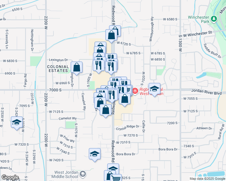 map of restaurants, bars, coffee shops, grocery stores, and more near 6968 South Redwood Road in West Jordan