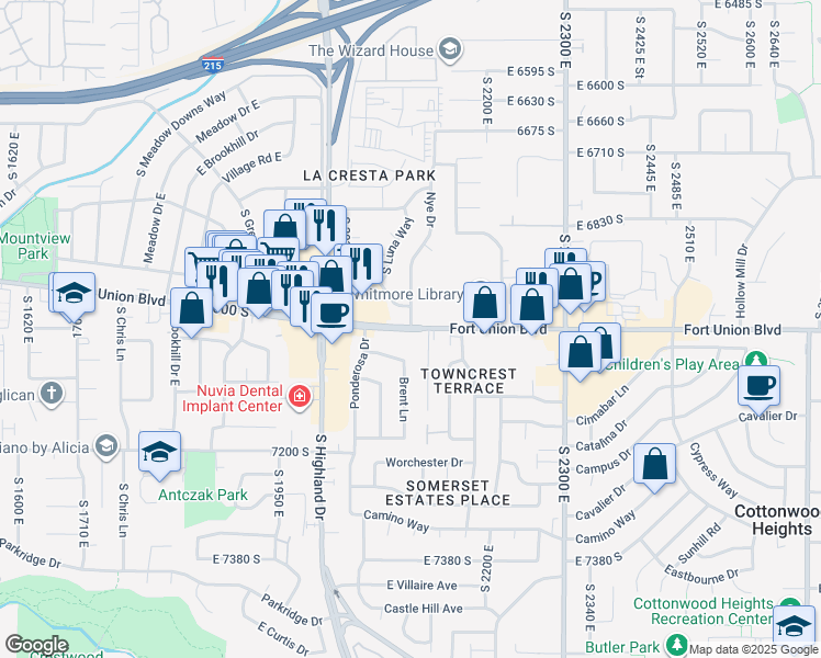 map of restaurants, bars, coffee shops, grocery stores, and more near Fort Union Boulevard in Salt Lake City