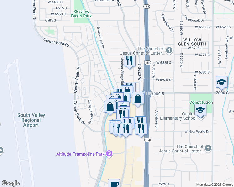 map of restaurants, bars, coffee shops, grocery stores, and more near 6956 Jordan Close Circle in West Jordan