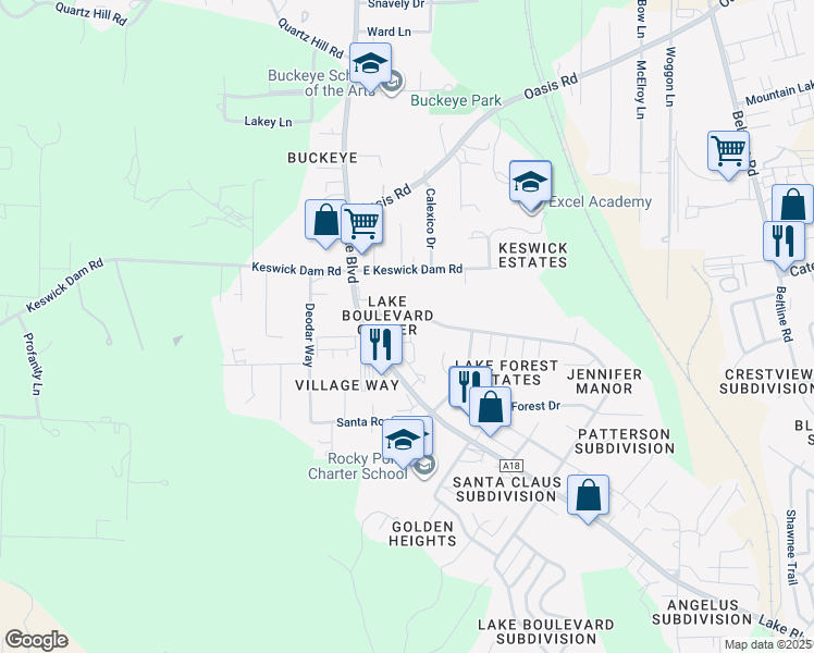 map of restaurants, bars, coffee shops, grocery stores, and more near 3400 Magnums Way in Redding