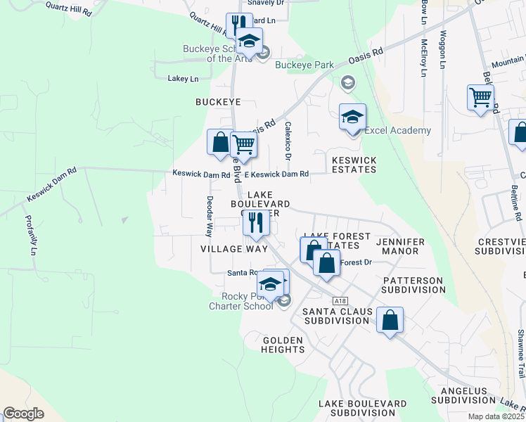 map of restaurants, bars, coffee shops, grocery stores, and more near 3400 Magnums Way in Redding