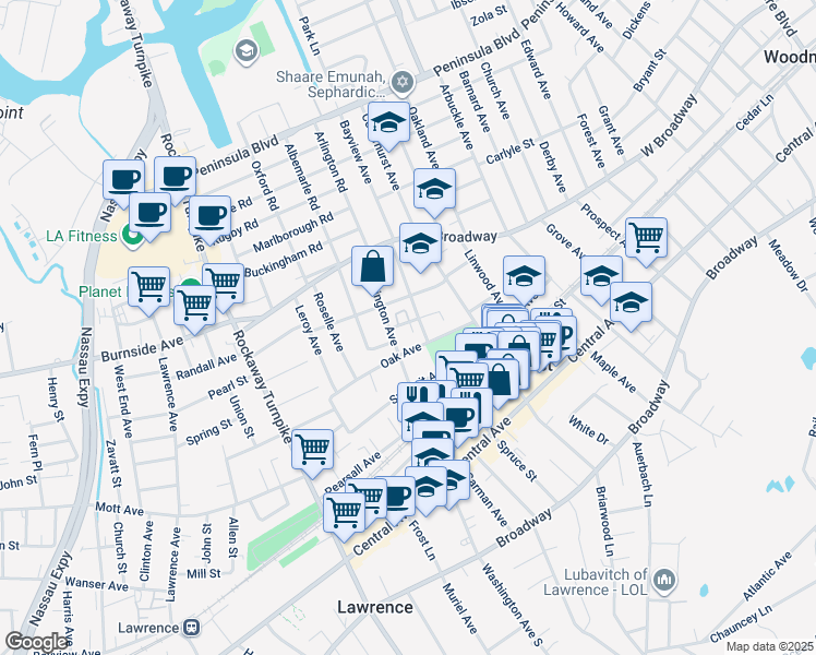 map of restaurants, bars, coffee shops, grocery stores, and more near 306 Clinton Avenue in Cedarhurst
