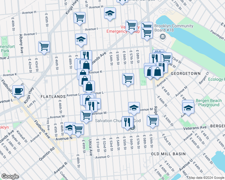 map of restaurants, bars, coffee shops, grocery stores, and more near 1326 East 55th Street in Brooklyn