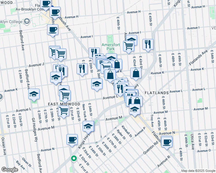 map of restaurants, bars, coffee shops, grocery stores, and more near 1289 East 37th Street in Brooklyn