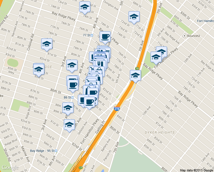map of restaurants, bars, coffee shops, grocery stores, and more near 533 81st Street in Brooklyn