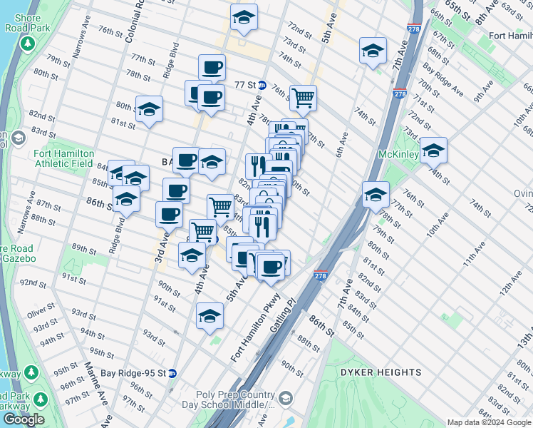 map of restaurants, bars, coffee shops, grocery stores, and more near 483 82nd Street in Brooklyn