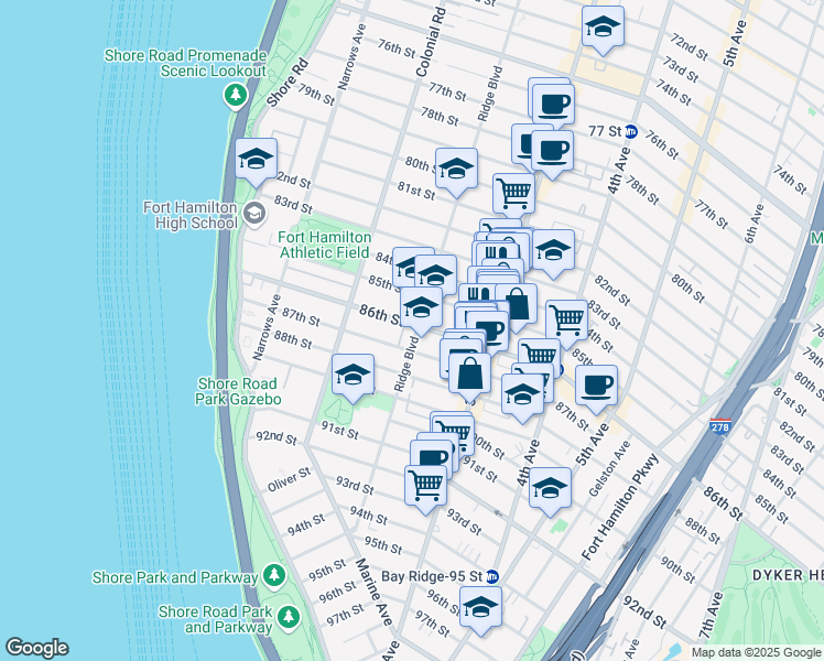 map of restaurants, bars, coffee shops, grocery stores, and more near 8524 Ridge Boulevard in Brooklyn