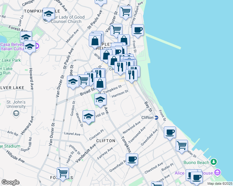 map of restaurants, bars, coffee shops, grocery stores, and more near 47 Tompkins Street in Staten Island