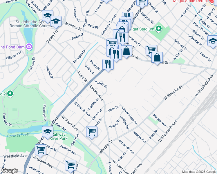 map of restaurants, bars, coffee shops, grocery stores, and more near 731 Audrey Drive in Rahway