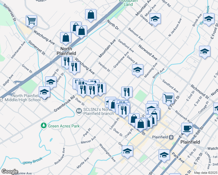 map of restaurants, bars, coffee shops, grocery stores, and more near in North Plainfield