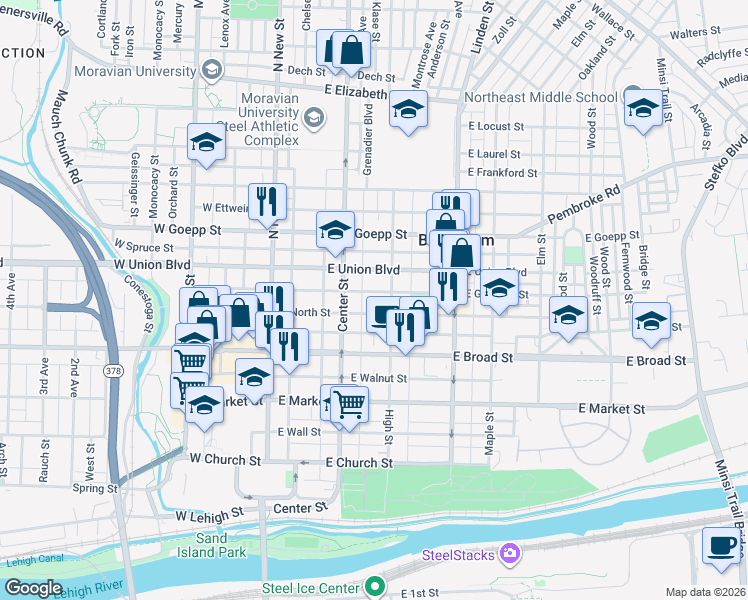 map of restaurants, bars, coffee shops, grocery stores, and more near 733 High Street in Bethlehem
