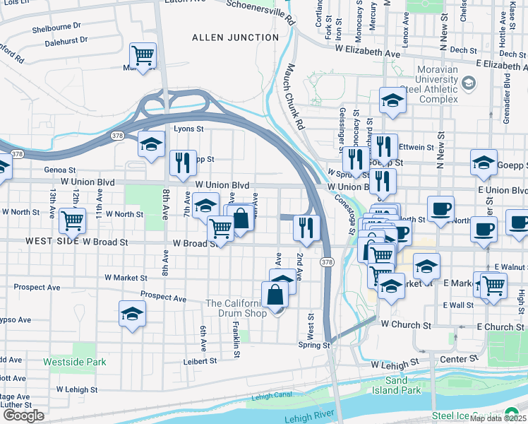 map of restaurants, bars, coffee shops, grocery stores, and more near 723 3rd Avenue in Bethlehem