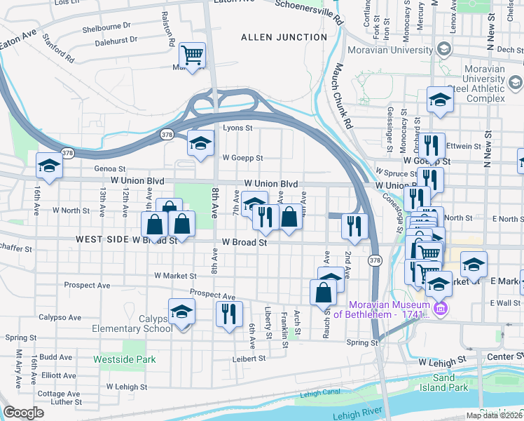 map of restaurants, bars, coffee shops, grocery stores, and more near 719 5th Avenue in Bethlehem