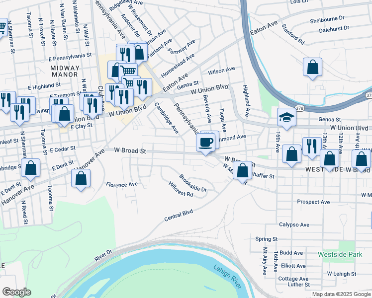 map of restaurants, bars, coffee shops, grocery stores, and more near 703 Cambridge Avenue in Bethlehem