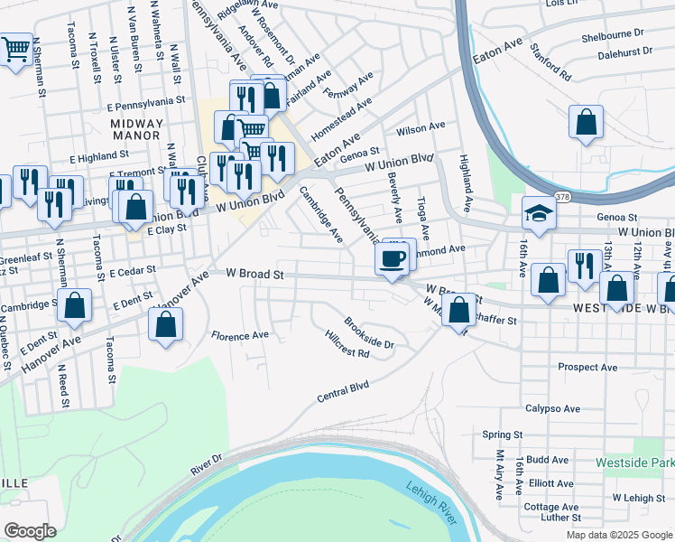 map of restaurants, bars, coffee shops, grocery stores, and more near 703 Cambridge Avenue in Bethlehem