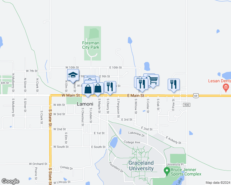 map of restaurants, bars, coffee shops, grocery stores, and more near 121 North Cherry Street in Lamoni