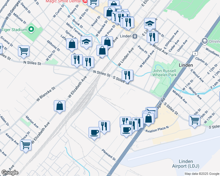 map of restaurants, bars, coffee shops, grocery stores, and more near 525 West Linden Avenue in Linden