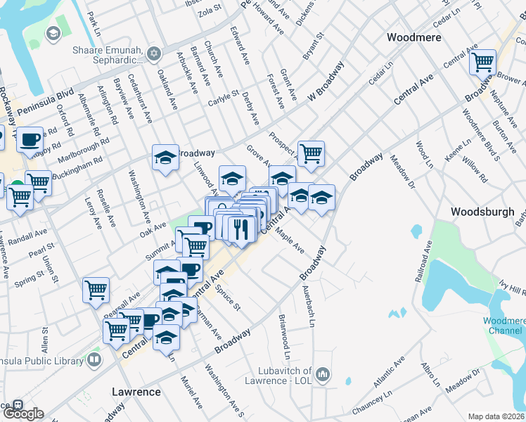 map of restaurants, bars, coffee shops, grocery stores, and more near 601 Chestnut Street in Cedarhurst
