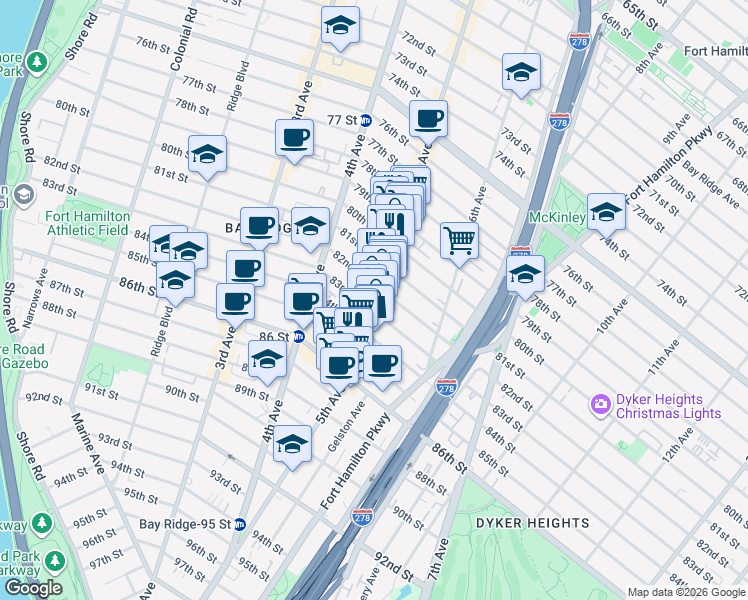 map of restaurants, bars, coffee shops, grocery stores, and more near 483 82nd Street in Brooklyn