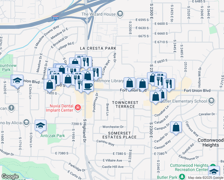 map of restaurants, bars, coffee shops, grocery stores, and more near 2121 7000 South in Cottonwood Heights