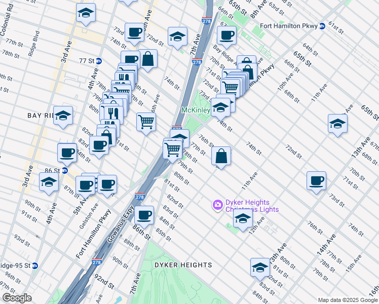 map of restaurants, bars, coffee shops, grocery stores, and more near 913 77th Street in Brooklyn