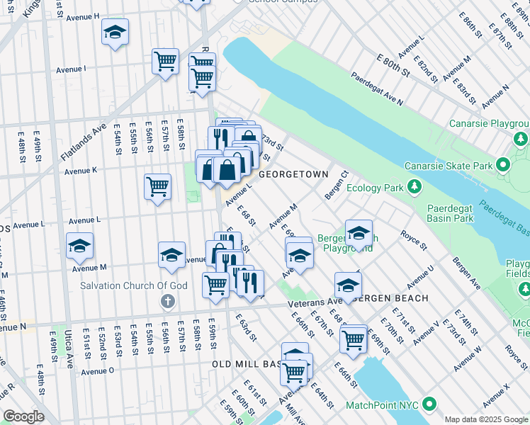 map of restaurants, bars, coffee shops, grocery stores, and more near 1258 East 69th Street in Brooklyn