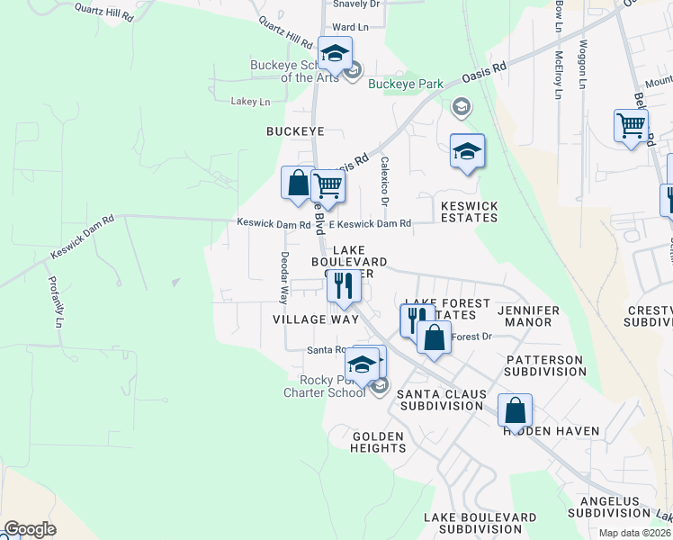 map of restaurants, bars, coffee shops, grocery stores, and more near 3315 Magnums Way in Redding