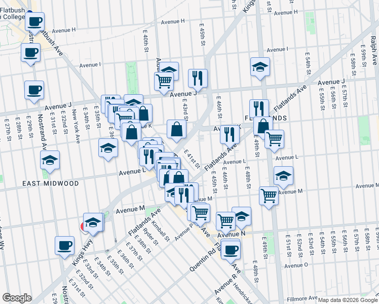 map of restaurants, bars, coffee shops, grocery stores, and more near 2031 East 41st Street in Brooklyn