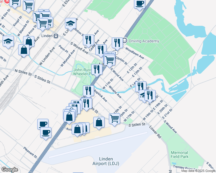 map of restaurants, bars, coffee shops, grocery stores, and more near 25 West 11th Street in Linden