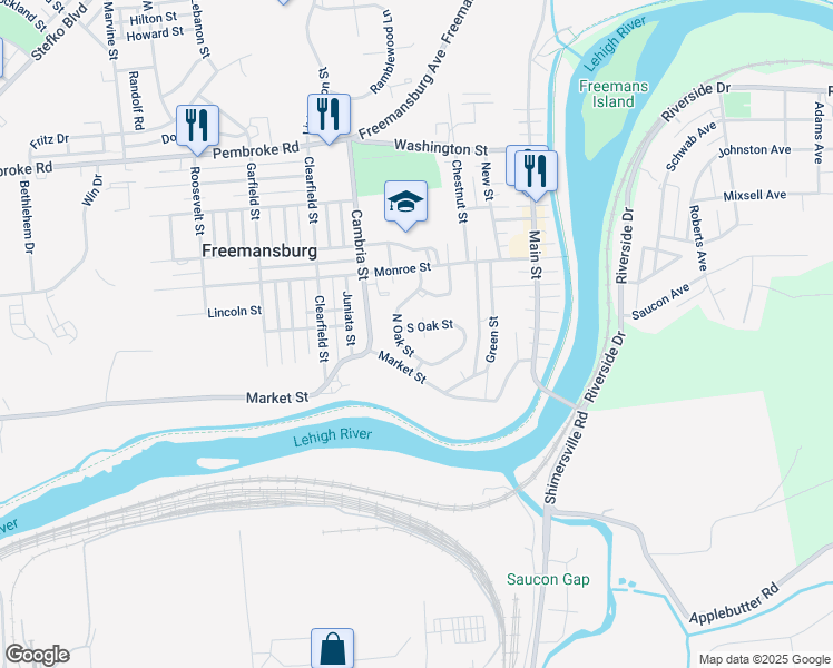 map of restaurants, bars, coffee shops, grocery stores, and more near 426 South Oak Street in Freemansburg